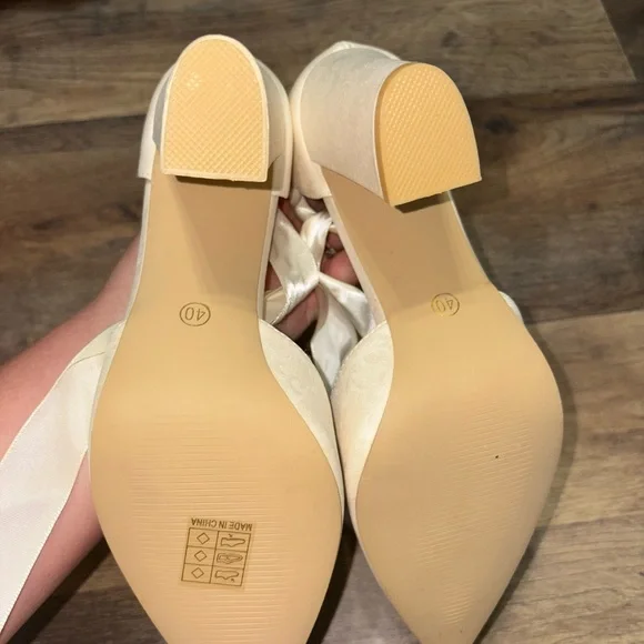 Ivory Satin Jacquard Bridal Heels with Ribbon Tie - Picture 6 of 8